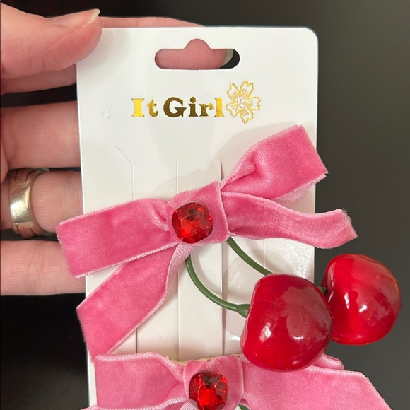 It Girl Pink Cherry Hair Clips with Velvet Ribbon Bow Set of 2 Barrettes New - Picture 2 of 9